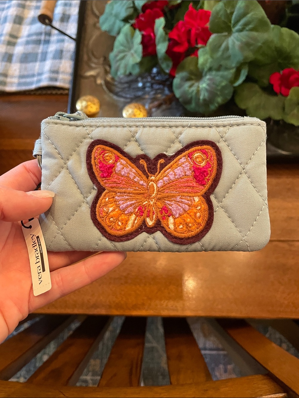 Vera Bradley Light Blue Quilted Wallet with Embroidered Orange Butterfly
